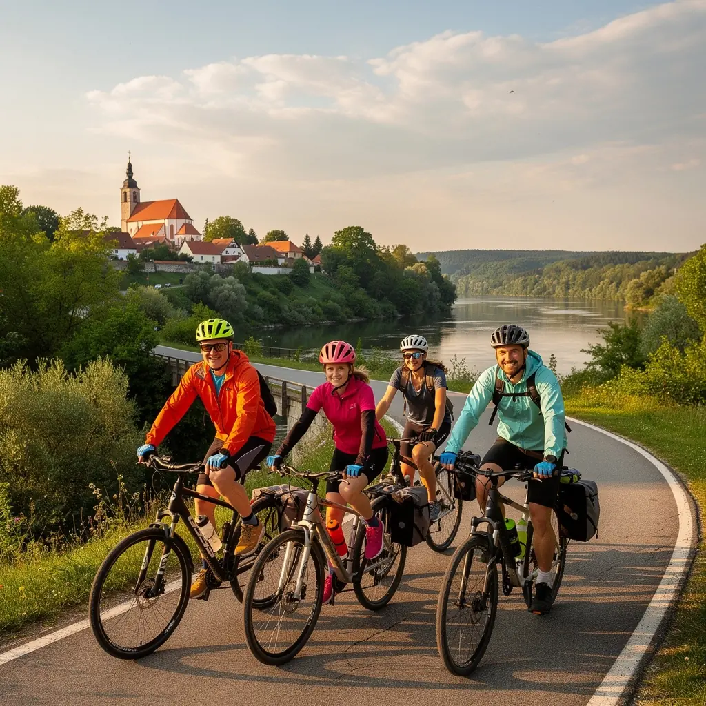 A tranquil river flowing through the Slovak border region, with kayakers enjoying the serene environment.